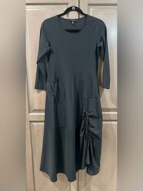 Jason by Comfy USA Asymmetric Ruched Midi Dress in Black, Size XS